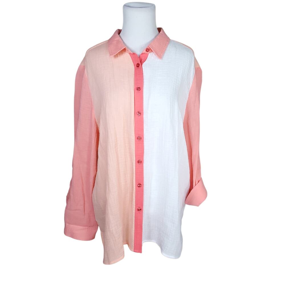 Chico's Sz 3 Button Down Top Cotton Gauze Colorblock White Coral Chicos XL 16